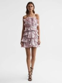 REED AMUR STRAPLESS RUFFLE MINI DRESS ROSEWATER POSEY ~ women’s strapless romantic style party dresses ~ ruffled occasionwear ~ feminine layered evening event fashion ~ reiss womens occasion clothes