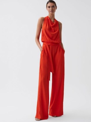 REISS RILEY COWL NECK WIDE LEG JUMPSUIT ORANGE / vibrant sleeveless tie waist jumpsuits / chic evening fashion / sophisticated all-in-one occasion clothes - flipped
