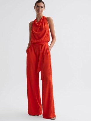 REISS RILEY COWL NECK WIDE LEG JUMPSUIT ORANGE / vibrant sleeveless tie waist jumpsuits / chic evening fashion / sophisticated all-in-one occasion clothes