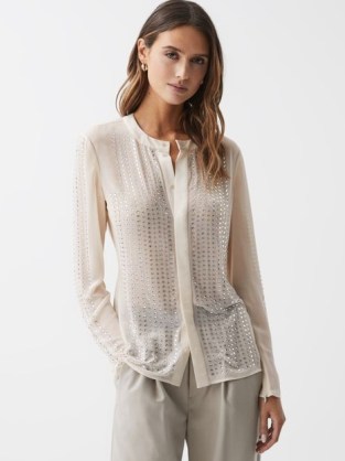 REISS ROBYN FITTED EMBELLISHED SHIRT CREAM ~ women’s luxe evening shirts ~ luxury occasion blouses ~ sheer tops - flipped