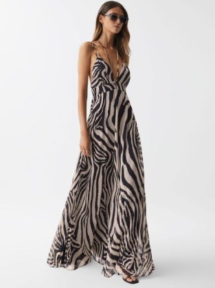 REISS VIDA ZEBRA PRINT MAXI DRESS in BLACK/WHITE – glamorous evening resort clothes – strappy occasion dresses with animal prints – plunge front event clothing – cut out back fashion - flipped