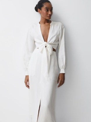 Reiss AXELLE LINEN HIGH RISE SKIRT in White – smart casual midi skirts – summer clothing - flipped