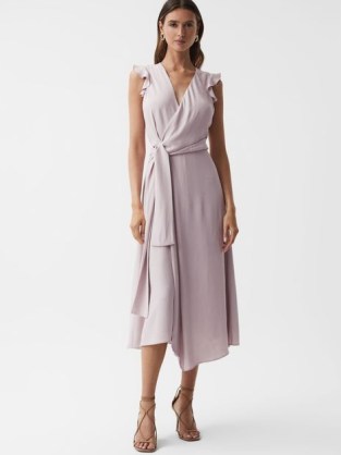 REISS WILLOW WRAP TIE MIDI DRESS LILAC ~ asymmetric dresses with flutter sleeve detail ~ short ruffled sleeves ~ asymmetrical summer occasion clothes - flipped