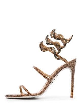René Caovilla 100mm open-toe wraparound sandals in brown – ankle wrap stiletto heels – glamorous crystal embellished evening occasion shoes
