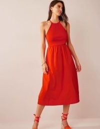 Boden Ribbed Halterneck Midi Dress in Blood Orange / women’s vibrant halter neck summer dresses