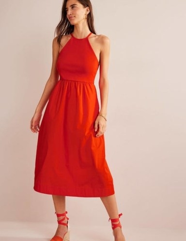 Boden Ribbed Halterneck Midi Dress in Blood Orange / women’s vibrant halter neck summer dresses - flipped