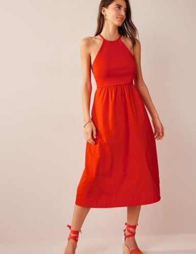 Boden Ribbed Halterneck Midi Dress in Blood Orange / women’s vibrant halter neck summer dresses