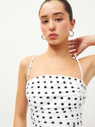 Reformation Rosie Top in Malta Dot – strappy front ruched tops – spot print fashion – skinny shoulder strap clothes – removable straps – bandeau clothing - flipped