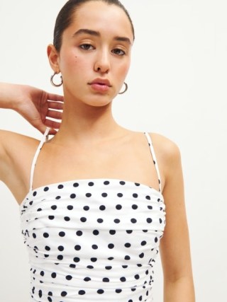Reformation Rosie Top in Malta Dot – strappy front ruched tops – spot print fashion – skinny shoulder strap clothes – removable straps – bandeau clothing