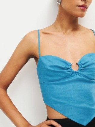 Reformation Sansa Linen Top in Grotto – strappy turquoise blue scarf hem tops – skinny shoulder strap fashion – ruched sweetheart neckline - flipped