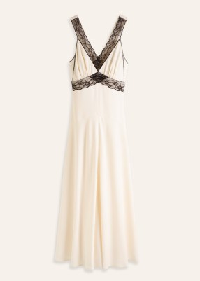 ME and EM Satin And Lace Full-Length Slip Dress in Cream/Black / luxe silky sleeveless occasion dresses / feminine event fashion / luxury clothing - flipped