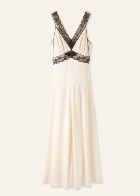 ME and EM Satin And Lace Full-Length Slip Dress in Cream/Black / luxe silky sleeveless occasion dresses / feminine event fashion / luxury clothing