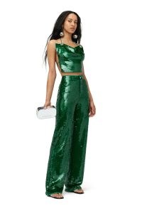 SIMON MILLER SEQUIN CAN CAN PANT in JOOT – green sequinned trousers – shimmering evening pants