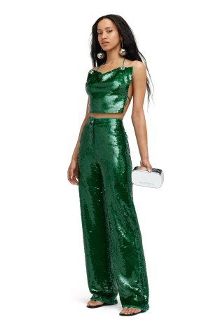 SIMON MILLER SEQUIN CAN CAN PANT in JOOT – green sequinned trousers – shimmering evening pants - flipped