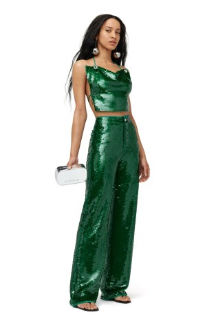 SIMON MILLER SEQUIN CAN CAN PANT in JOOT – green sequinned trousers – shimmering evening pants