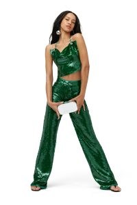 SIMON MILLER SEQUIN VEGAS TOP in JOOT – green sequinned going out evening fashion – strappy cowl neck crop tops