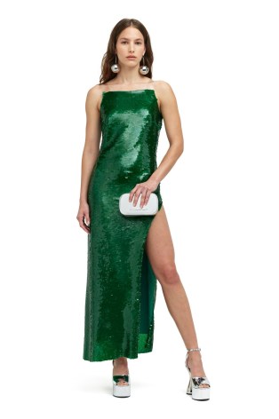SIMON MILLER SEQUIN VINE DRESS in Joot – green sequinned maxi dresses with clear shoulder straps – thigh high slit – glittering evening fashion – luxury party clothes - flipped