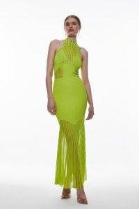 KAREN MILLEN Sheer And Stud Detail Halterneck Knit Maxi Dress in Lime ~ citrus green halter neck occasion dresses
