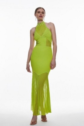 KAREN MILLEN Sheer And Stud Detail Halterneck Knit Maxi Dress in Lime ~ citrus green halter neck occasion dresses - flipped