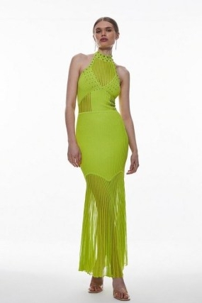 KAREN MILLEN Sheer And Stud Detail Halterneck Knit Maxi Dress in Lime ~ citrus green halter neck occasion dresses