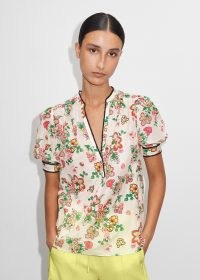 ME AND EM Silk Cotton Bright Camellia Print Blouse in Light Cream/Black/Pink/Green/Lime – floral puff sleeve blouses – feminine clothing – beautiful flower prints on women’s fashion – luxe looks