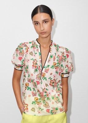 ME AND EM Silk Cotton Bright Camellia Print Blouse in Light Cream/Black/Pink/Green/Lime – floral puff sleeve blouses – feminine clothing – beautiful flower prints on women’s fashion – luxe looks - flipped