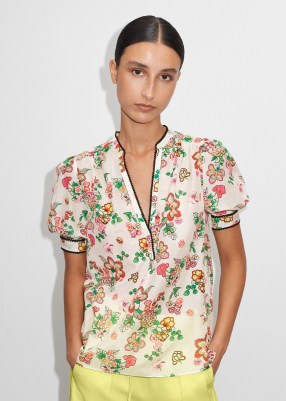 ME AND EM Silk Cotton Bright Camellia Print Blouse in Light Cream/Black/Pink/Green/Lime – floral puff sleeve blouses – feminine clothing – beautiful flower prints on women’s fashion – luxe looks