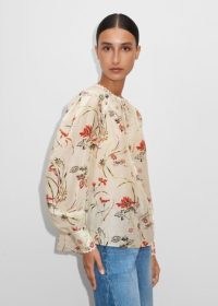 ME and EM Silk Cotton Delicate Bloom Print Blouse in Cream/Red/Green/Orange – collarless scallop trimmed blouses – feminine floral fashion – silky summer clothes