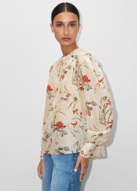 ME and EM Silk Cotton Delicate Bloom Print Blouse in Cream/Red/Green/Orange – collarless scallop trimmed blouses – feminine floral fashion – silky summer clothes - flipped
