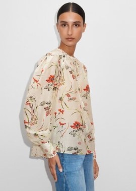 ME and EM Silk Cotton Delicate Bloom Print Blouse in Cream/Red/Green/Orange – collarless scallop trimmed blouses – feminine floral fashion – silky summer clothes