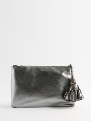 ANYA HINDMARCH Georgiana tasselled metallic-leather clutch | silver occasion bags - flipped