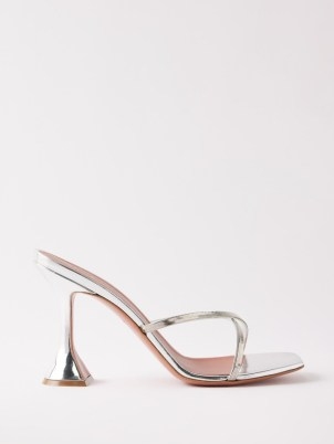 AMINA MUADDI Henson 95 crossover-strap metallic-leather sandals ~ strappy silver martini shaped high heels ~ luxury flared heel sandal ~ square toe party shoes - flipped