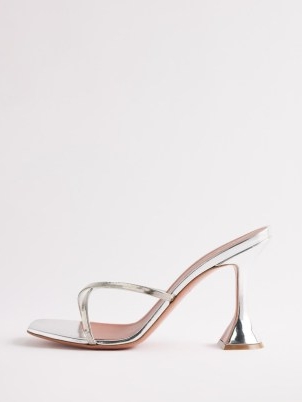 AMINA MUADDI Henson 95 crossover-strap metallic-leather sandals ~ strappy silver martini shaped high heels ~ luxury flared heel sandal ~ square toe party shoes