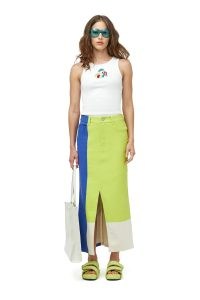 SIMON MILLER SIMI SKIRT in Suburban Blue Valley Green – denim tri-coloured painted maxi skirts – front slit – colour block fashion
