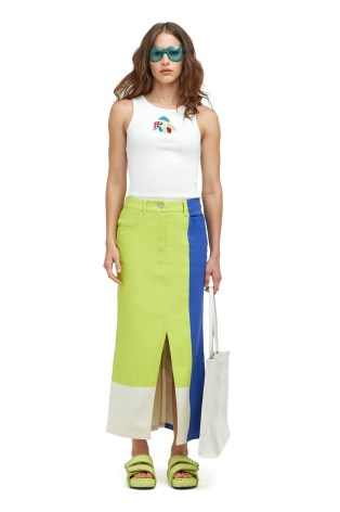 SIMON MILLER SIMI SKIRT in Suburban Blue Valley Green – denim tri-coloured painted maxi skirts – front slit – colour block fashion - flipped