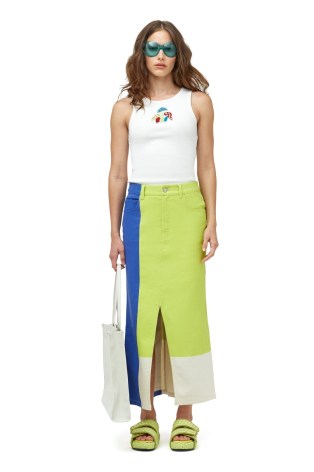 SIMON MILLER SIMI SKIRT in Suburban Blue Valley Green – denim tri-coloured painted maxi skirts – front slit – colour block fashion