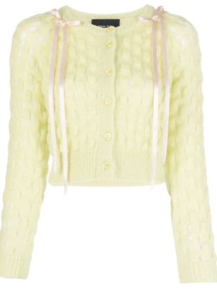 Simone Rocha bow-embellished bubble-knit cardigan in apple green – chunky cropped cardigans – feminine knits