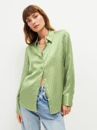 Reformation Sky Relaxed Silk Top in Piccolo – women’s green silky shirts – womens collared button down tops – casual luxe clothing