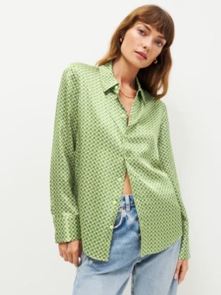Reformation Sky Relaxed Silk Top in Piccolo – women’s green silky shirts – womens collared button down tops – casual luxe clothing - flipped