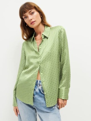 Reformation Sky Relaxed Silk Top in Piccolo – women’s green silky shirts – womens collared button down tops – casual luxe clothing