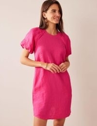 Boden Sleeve Detail Linen Mini Dress in Festival Pink / women’s puff sleeved summer dresses