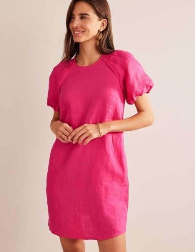 Boden Sleeve Detail Linen Mini Dress in Festival Pink / women’s puff sleeved summer dresses - flipped