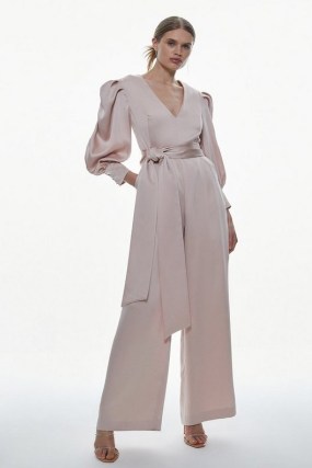 KAREN MILLEN Soft Satin Back Crepe Statement Sleeve Jumpsuit in Blush ~ balloon sleeved occasion jumpsuits ~ silky special event clothes - flipped