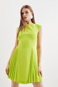 KAREN MILLEN Soft Tailored Pleat Panelled Mini Dress in Lime ~ green sleeveless pleated panel dresses
