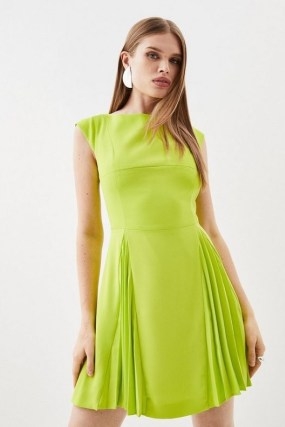 KAREN MILLEN Soft Tailored Pleat Panelled Mini Dress in Lime ~ green sleeveless pleated panel dresses - flipped