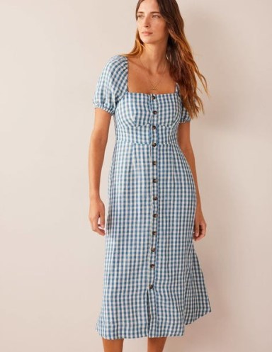 Boden Square Neck Linen Midi Dress in Delphinium Blue, Gingham / short sleeve check print dresses / checked summer fashion - flipped