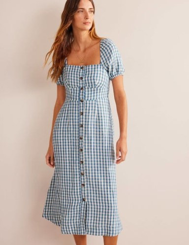 Boden Square Neck Linen Midi Dress in Delphinium Blue, Gingham / short sleeve check print dresses / checked summer fashion