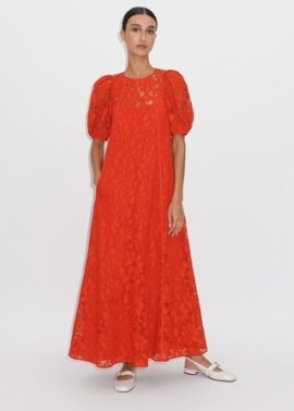 ME and EM Statement Guipure Lace Maxi Dress in Brilliant Orange / luxury long length summer event dresses / semi sheer floral occasion clothes / feminine fashion / luxe clothing - flipped