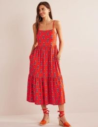 Boden Strappy Jersey Midi Dress Blood Orange, Sweet Paisley / slender shoulder strap dresses / tiered hem / women’s summer clothes / essential holiday fashion