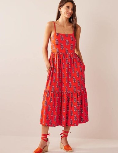 Boden Strappy Jersey Midi Dress Blood Orange, Sweet Paisley / slender shoulder strap dresses / tiered hem / women’s summer clothes / essential holiday fashion - flipped